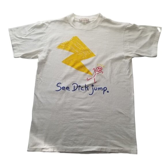 Vintage 1986 Soho Tee Shop T shirt See Dick Jump Mens Medium USA Made White - Picture 1 of 14